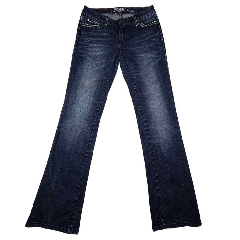 Rock 47 by‎ Wrangler Womens Low Rise Bootcut Jeans Dark Wash Rhinestone 29 3x32
